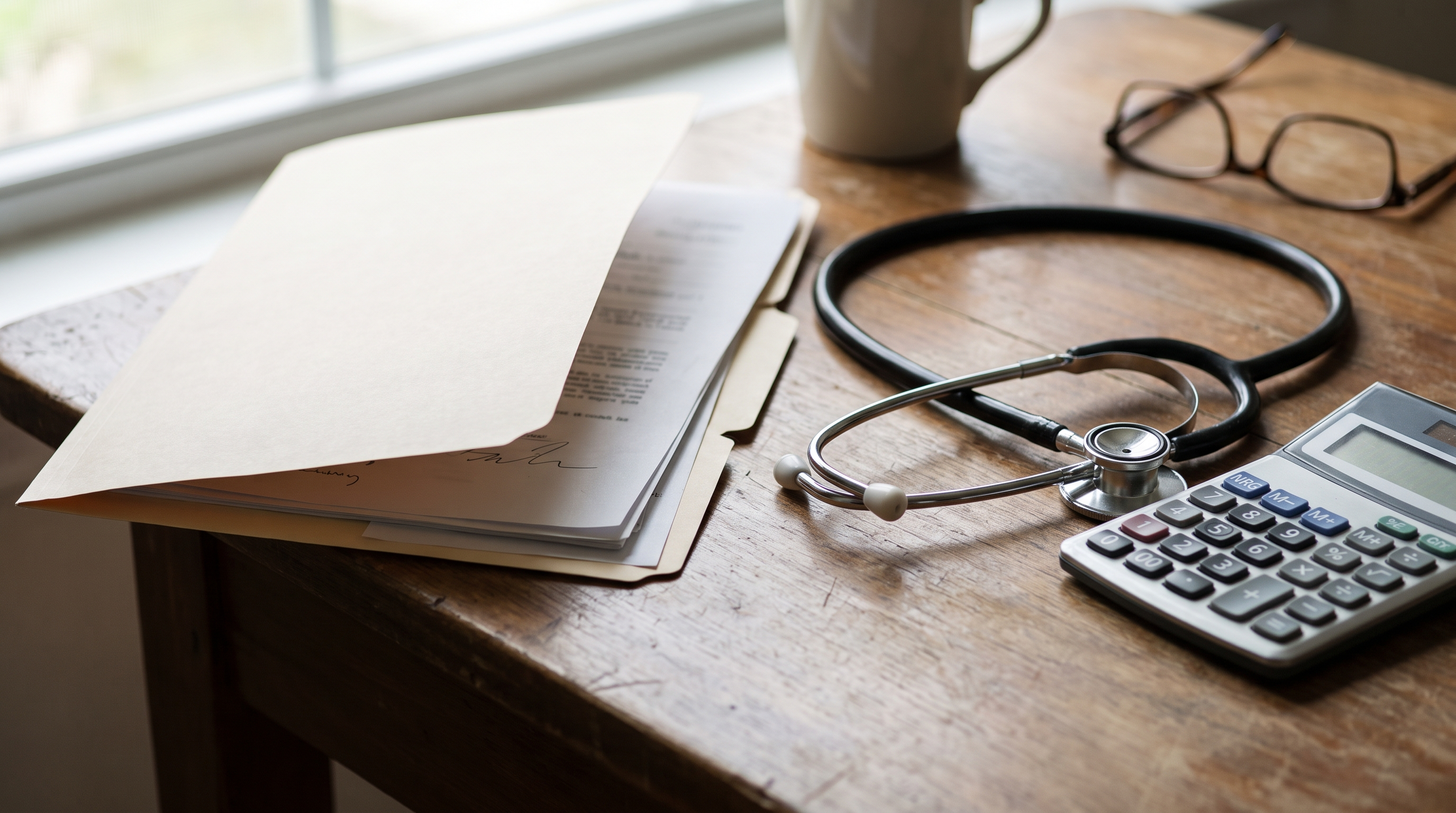 A health insurance policy document and a stethoscope resting on a desk next to a calculator