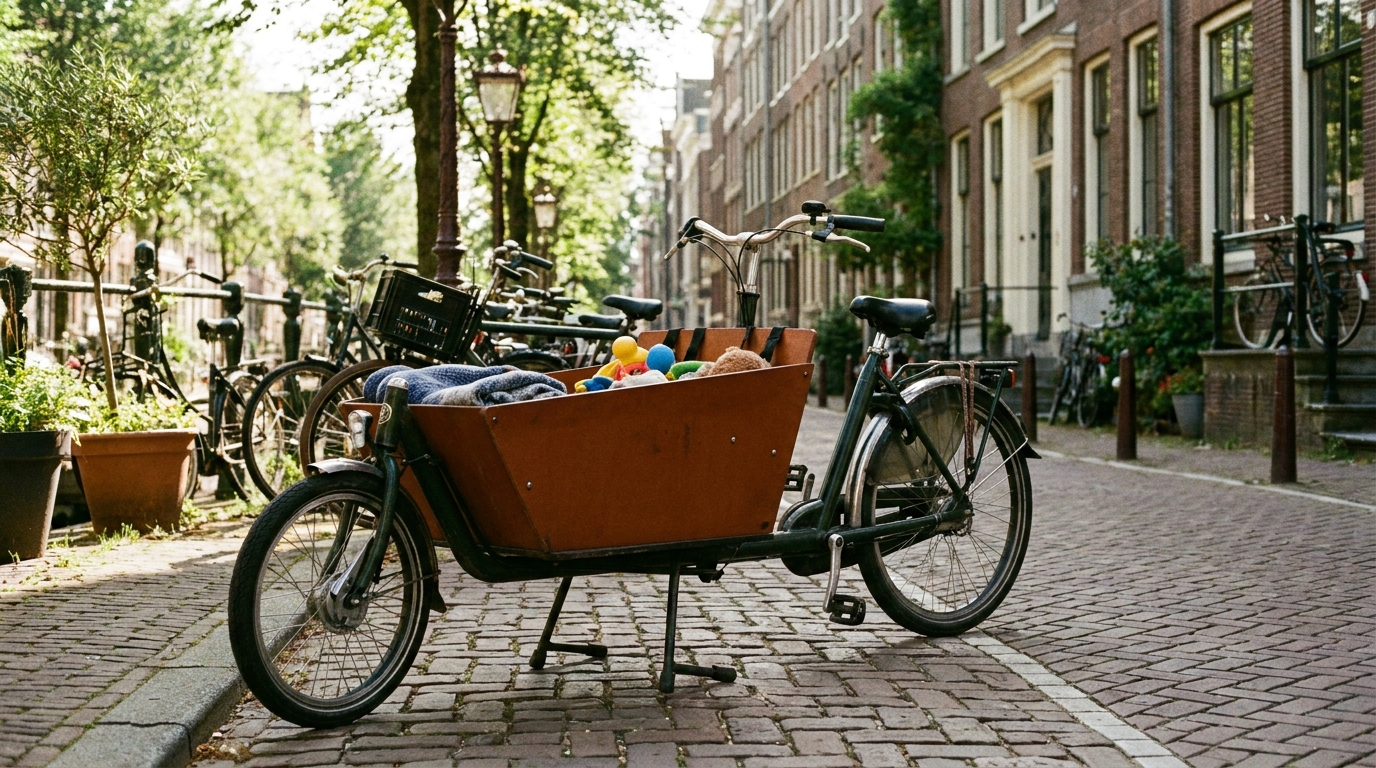 A cargo bike with a front box for carrying children, parked on a paved street