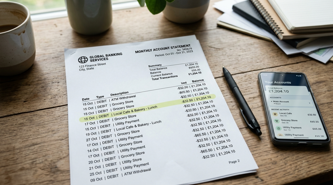A printed bank account statement with a highlighted transaction line next to a pen and a smartphone showing a banking app