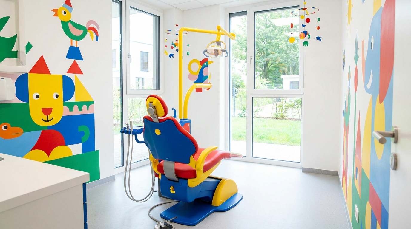 A small, brightly colored pediatric dental treatment chair in an otherwise empty, cheerful dental clinic room, no people visible
