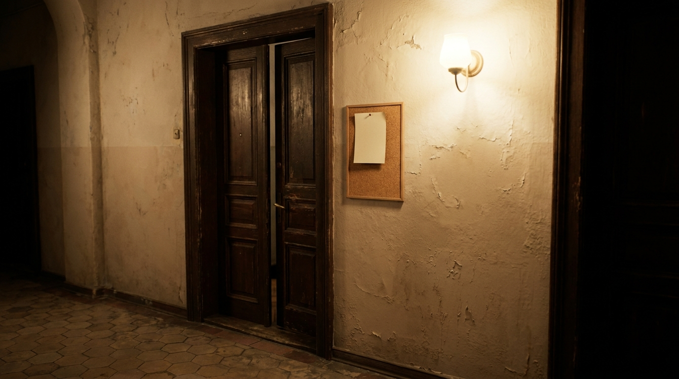 A wooden apartment door slightly ajar in a softly lit hallway, with a paper notice pinned to a corkboard beside it