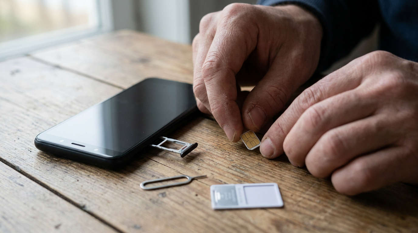 SIM tepsisi açık bir akıllı telefon, yanına yerleştirilen küçük bir SIM kart