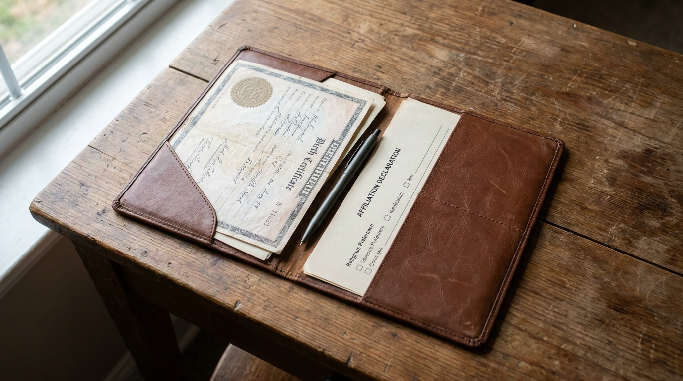 A family document folder with a child's birth certificate and a religious affiliation form on a wooden table