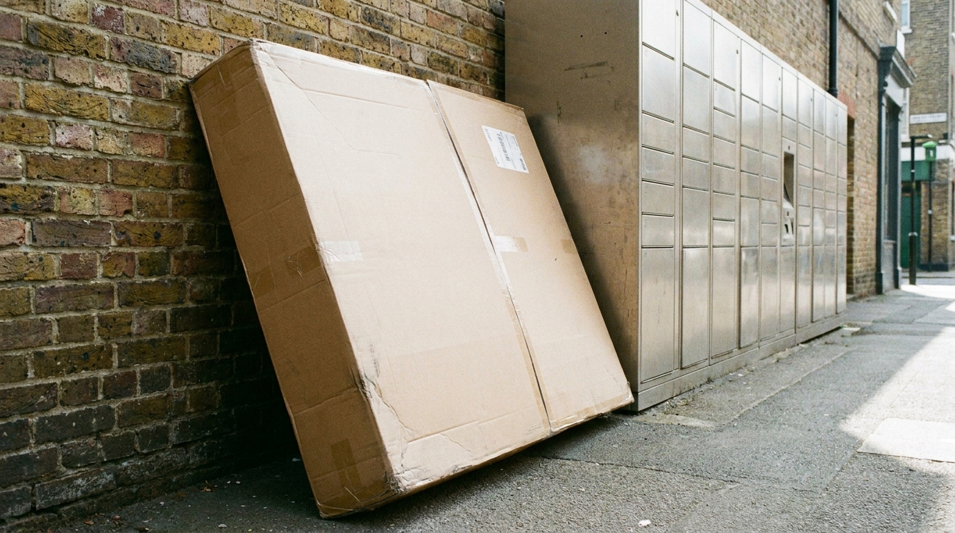 A folded baby stroller box standing next to a wall of parcel lockers, clearly too large to fit inside