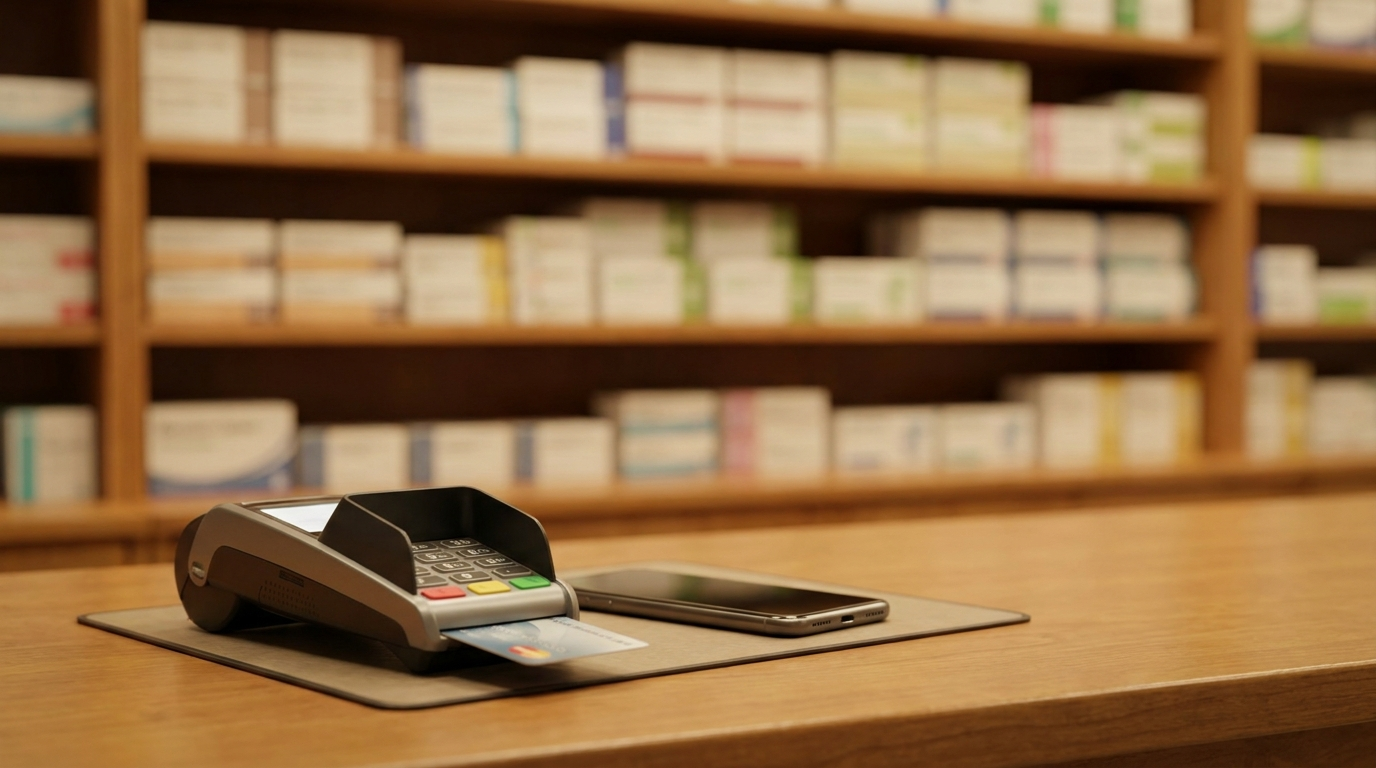 A pharmacy counter close-up with a card reader terminal and a smartphone resting beside it, warm indoor lighting, no people, no visible logos or brand names