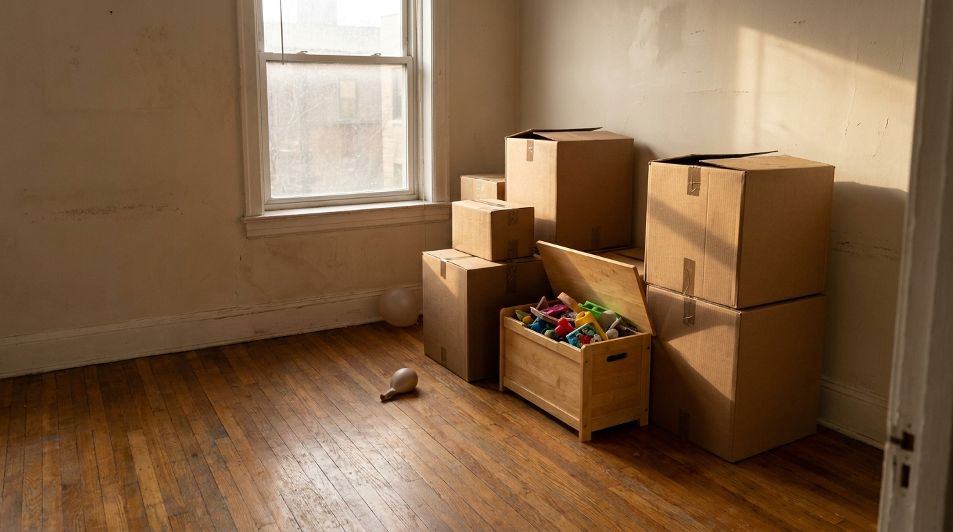 An empty apartment room mid-move with cardboard boxes stacked near a bare wall and sunlight through the window