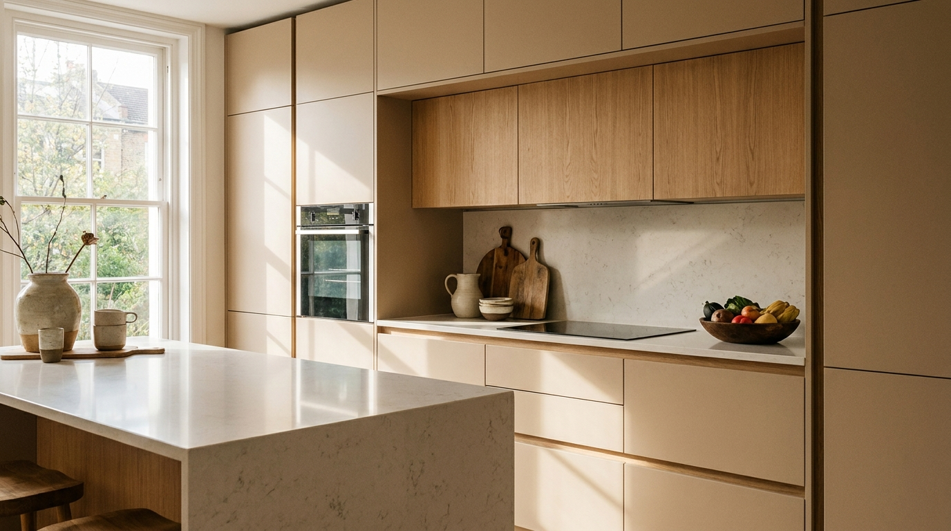 A modern fitted kitchen with built-in cabinets and countertop