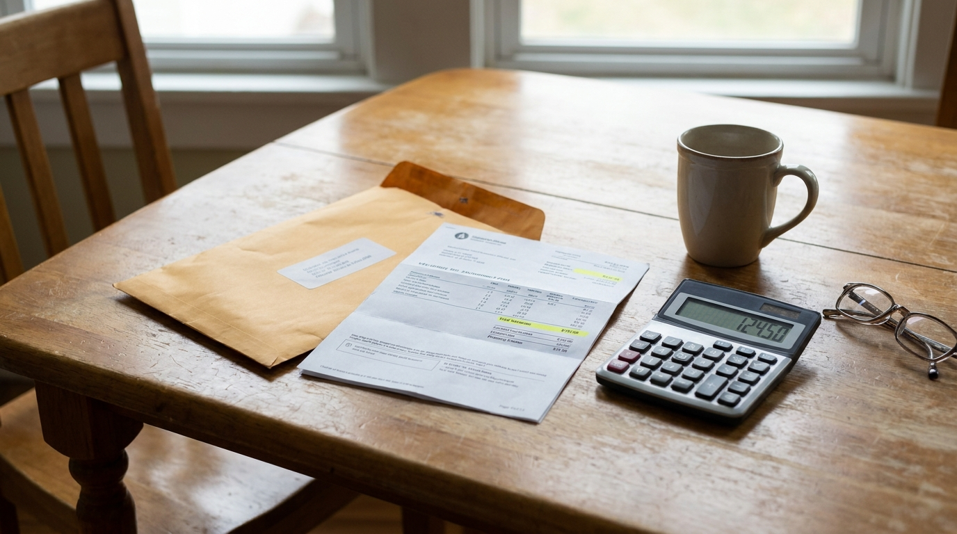 A kitchen table with an opened envelope, a printed utility bill with a highlighted total, and a calculator showing a number