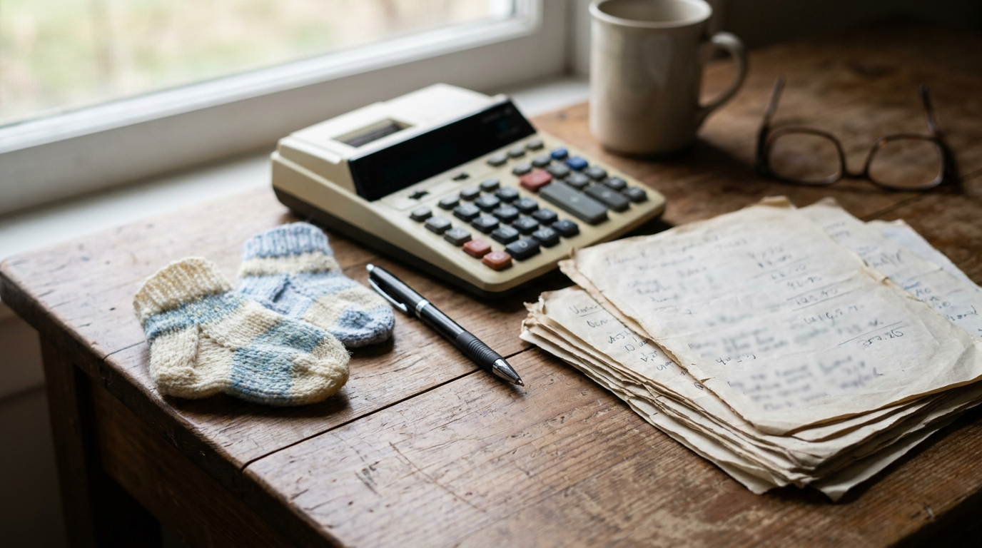A calculator and financial paperwork on a table next to tiny baby socks