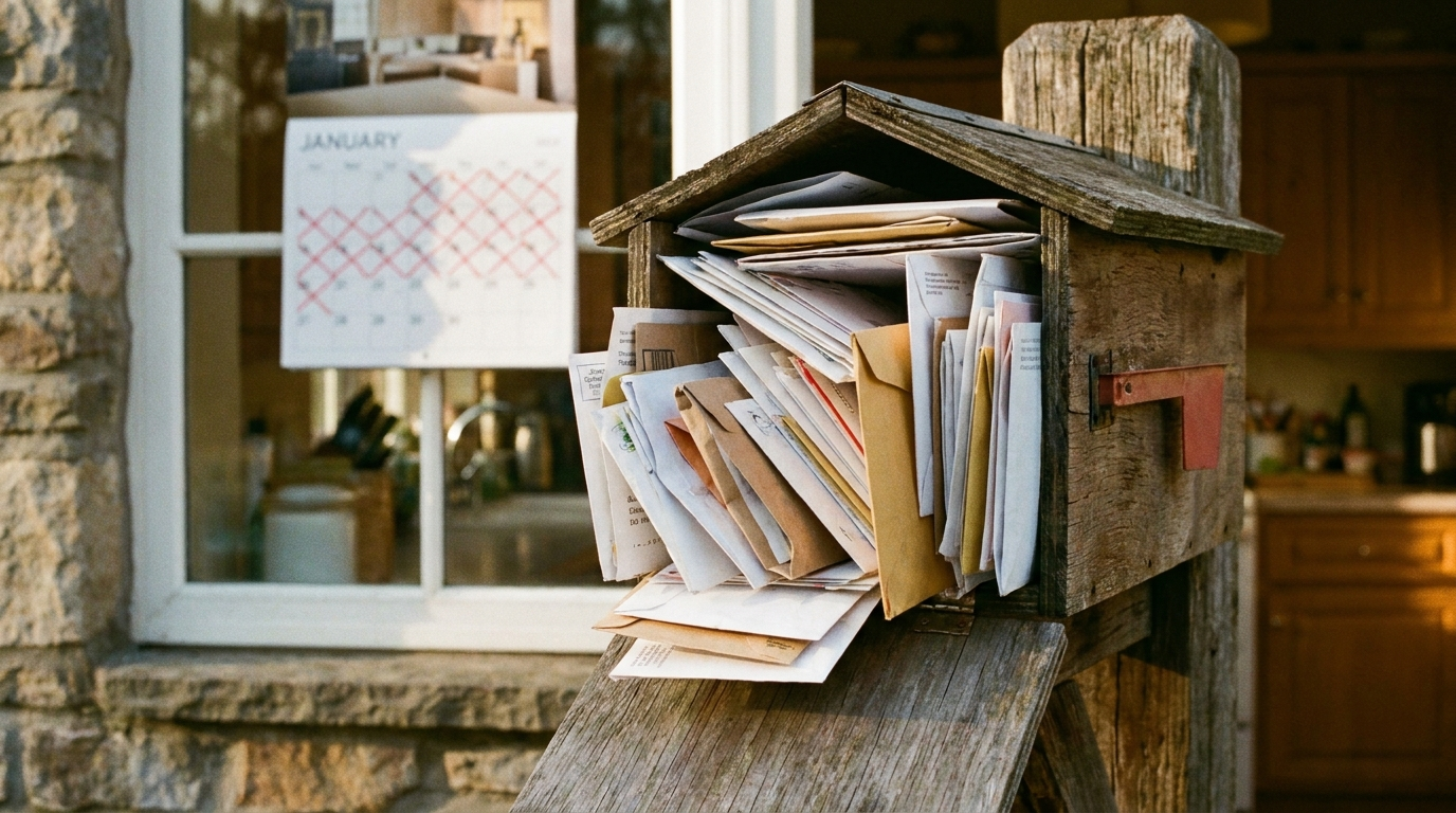 A home mailbox stuffed full of envelopes with a wall calendar visible in the background