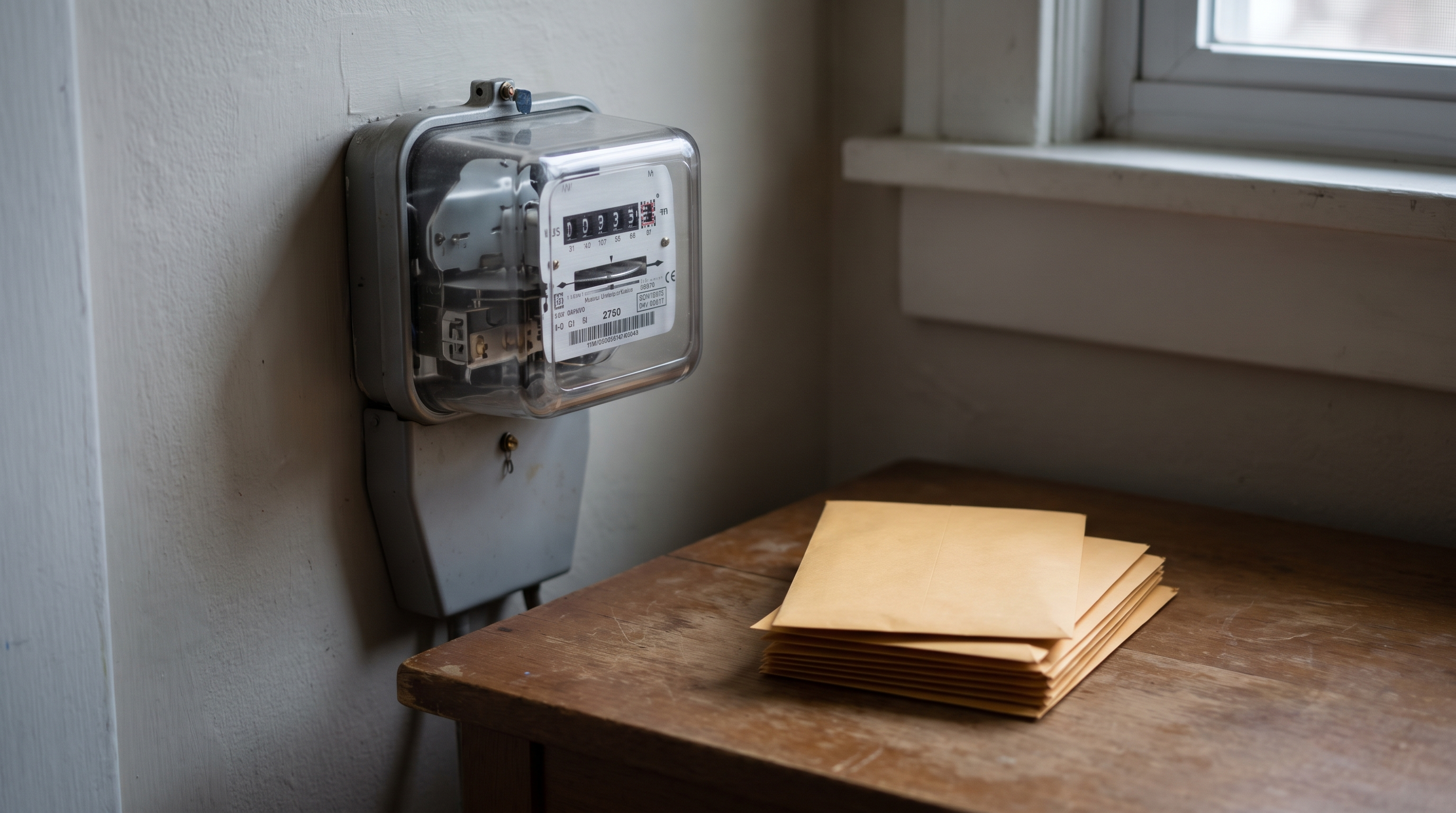 A residential electricity meter mounted on a wall, with a stack of unopened envelopes on a small table beside it
