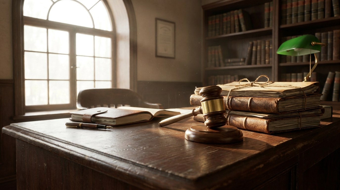 A wooden desk with a small gavel, a stack of legal case documents tied with string, and a fountain pen