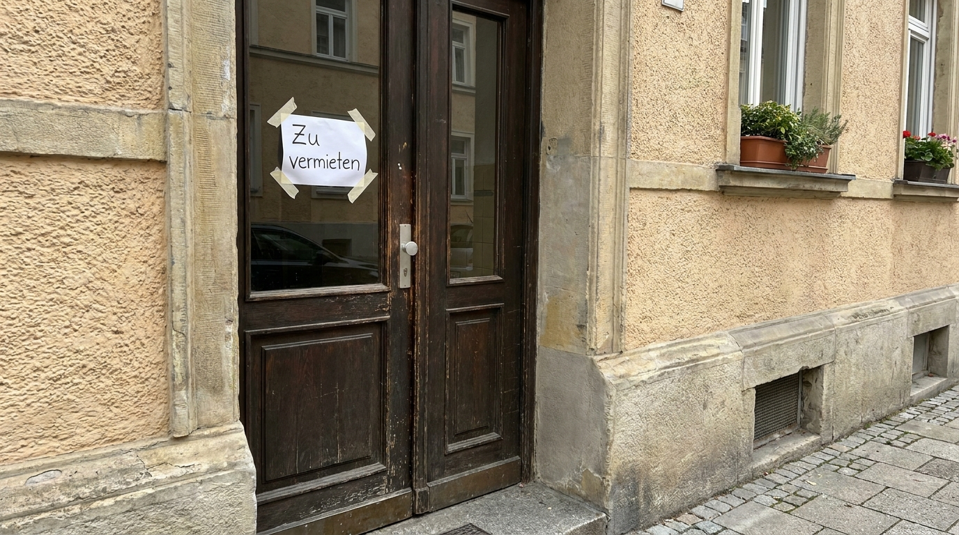 A generic apartment building entrance with a handwritten 'for rent' paper sign taped inside a window