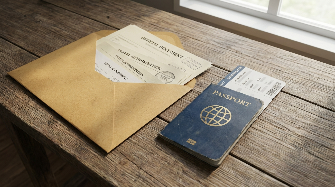 An open envelope with official documents, a passport, and a boarding pass laid out on a table