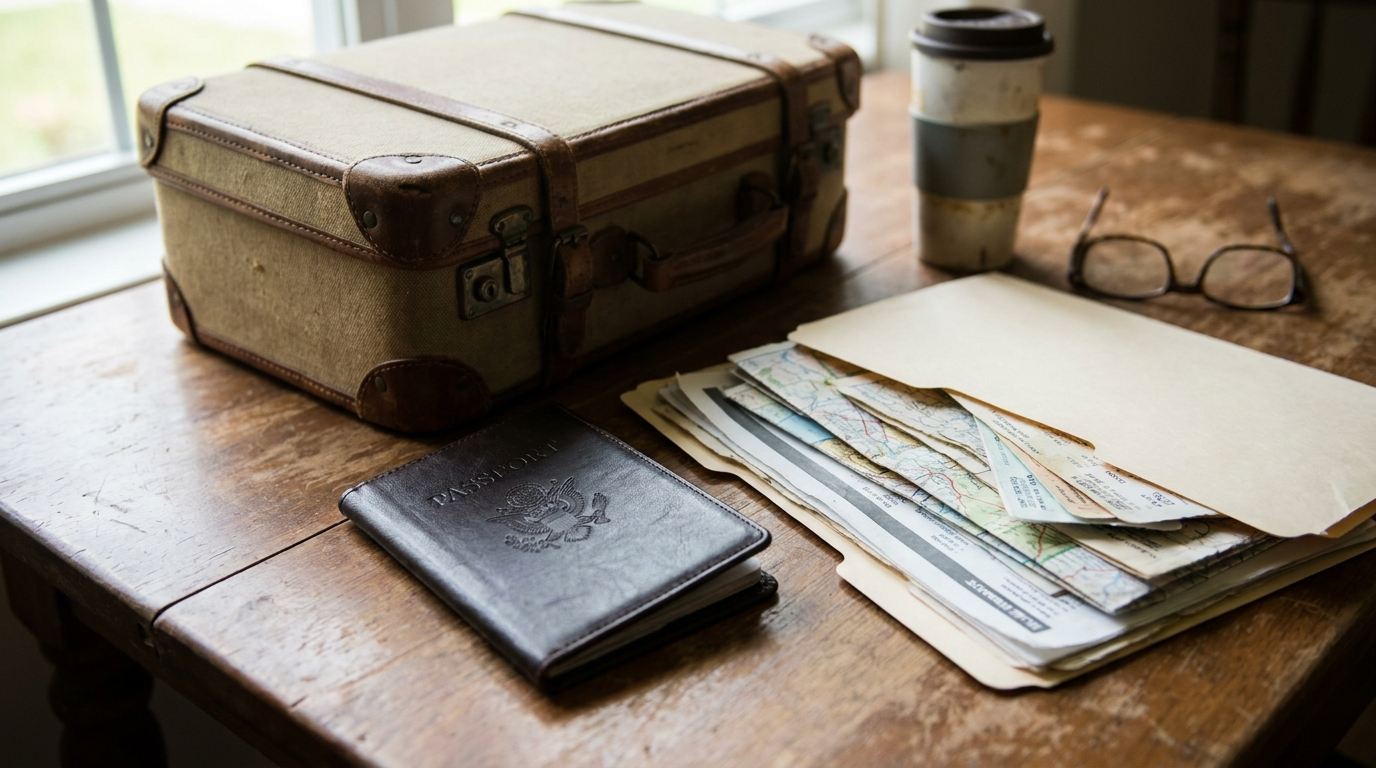 A passport and travel documents resting on a table beside a suitcase and a folder of paperwork