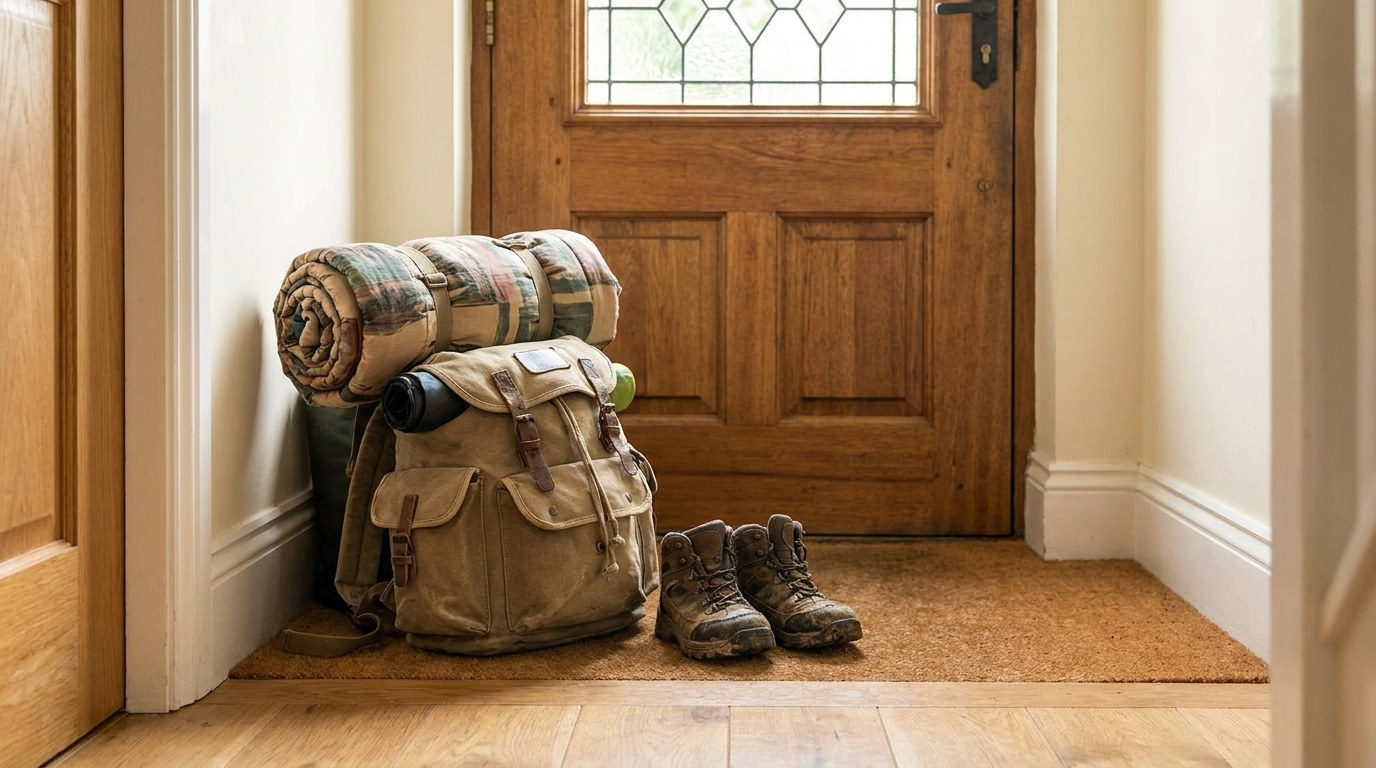 A packed child-size backpack and a rolled sleeping bag sitting by a front door, ready for a trip