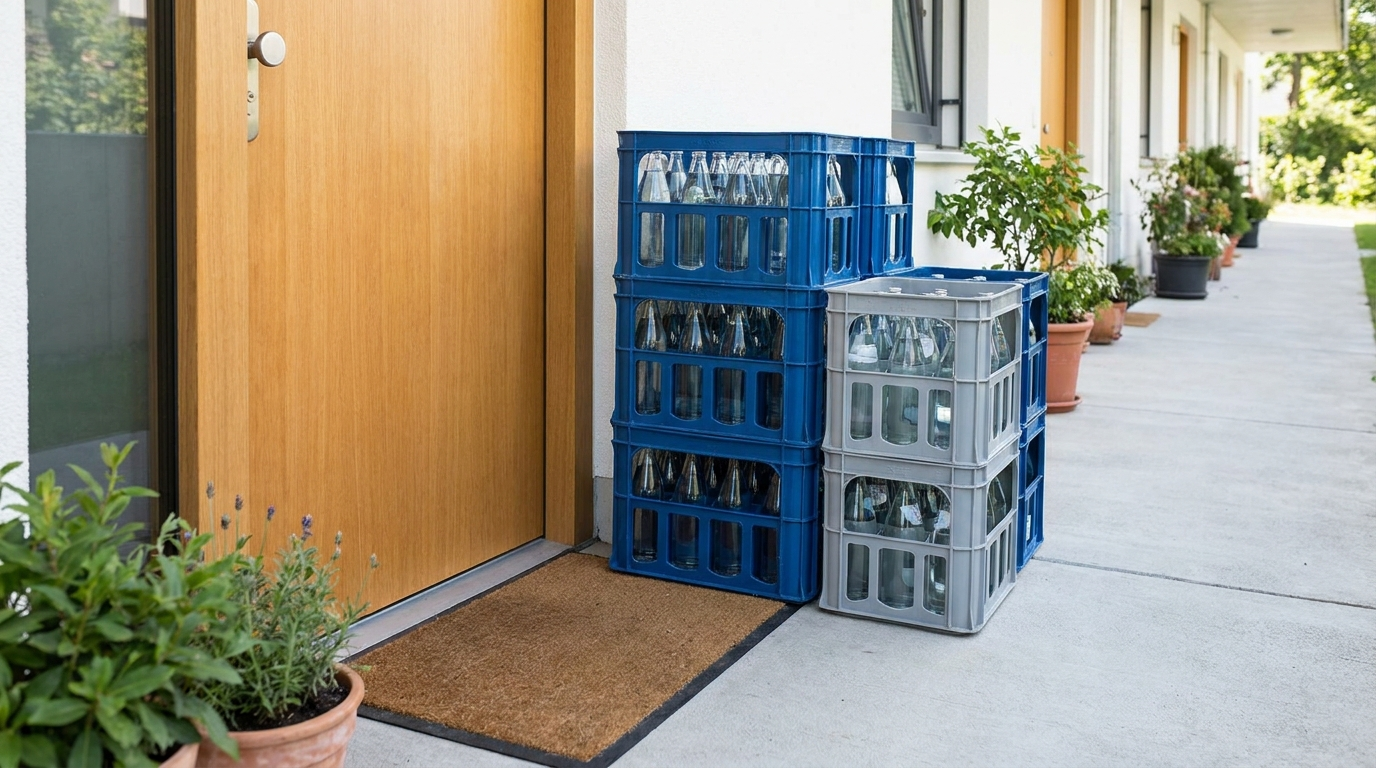 Stacked water bottle crates delivered at a clean apartment doorstep