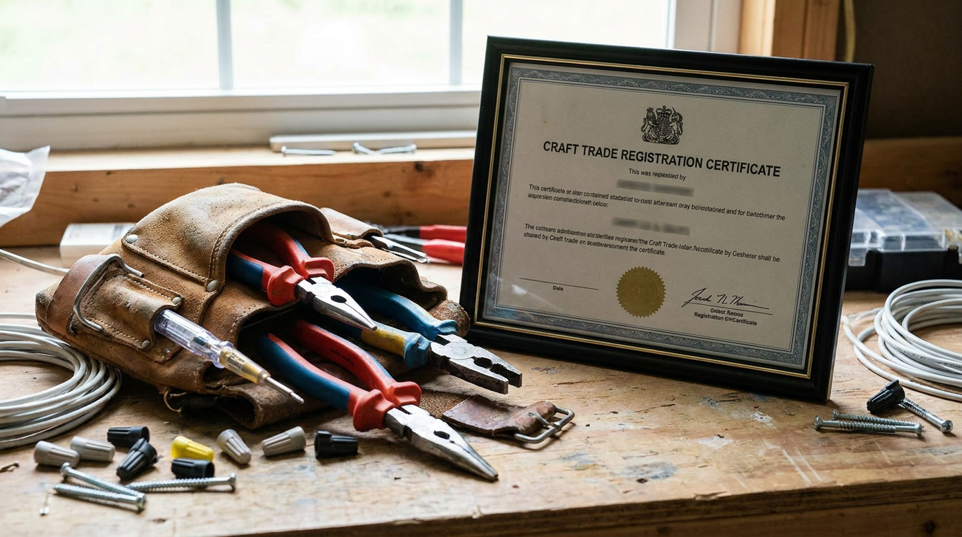 An electrician's tool belt with pliers and a voltage tester resting beside a craft trade registration certificate on a wooden workbench