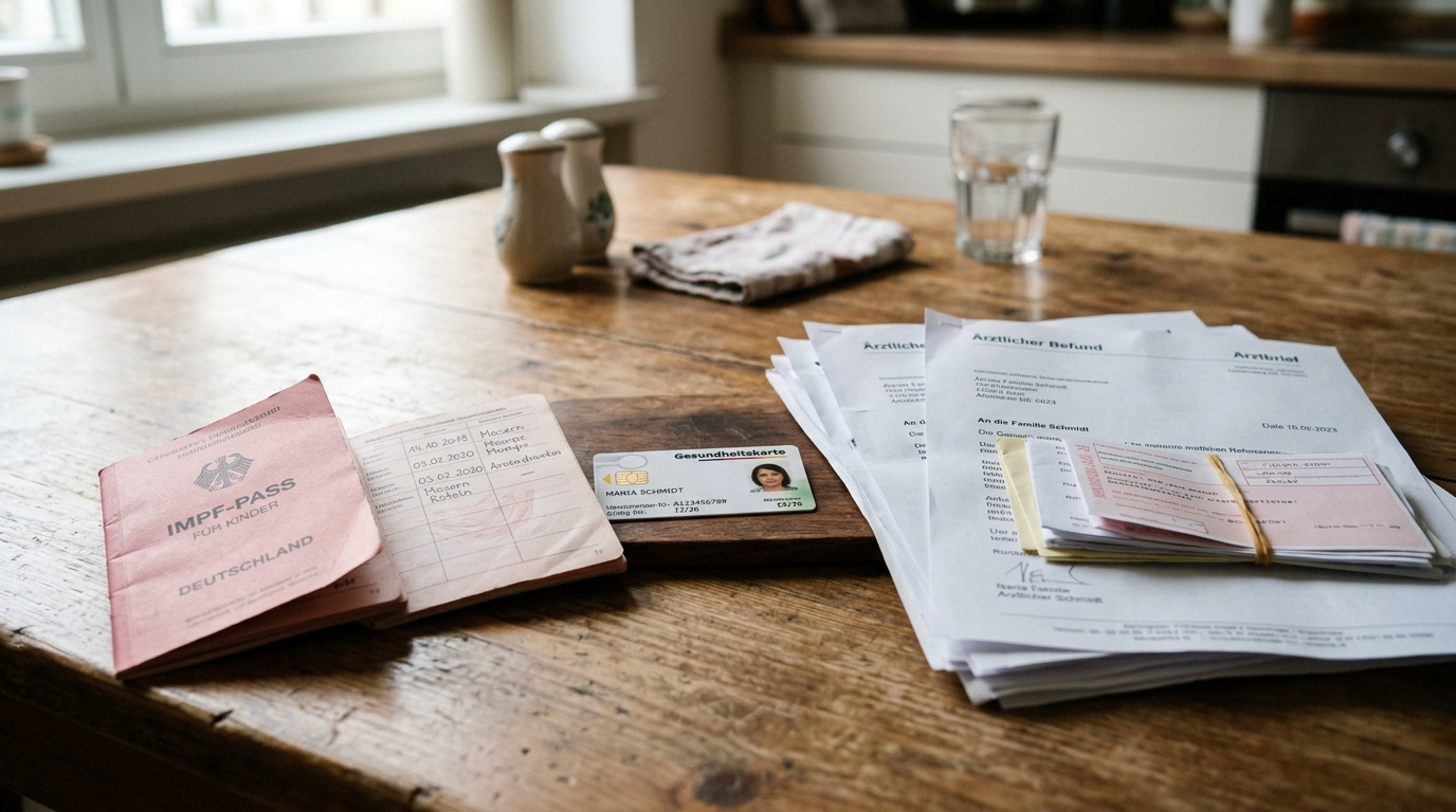A German statutory health insurance card resting on a kitchen table next to a stack of family medical documents and a child's vaccination booklet