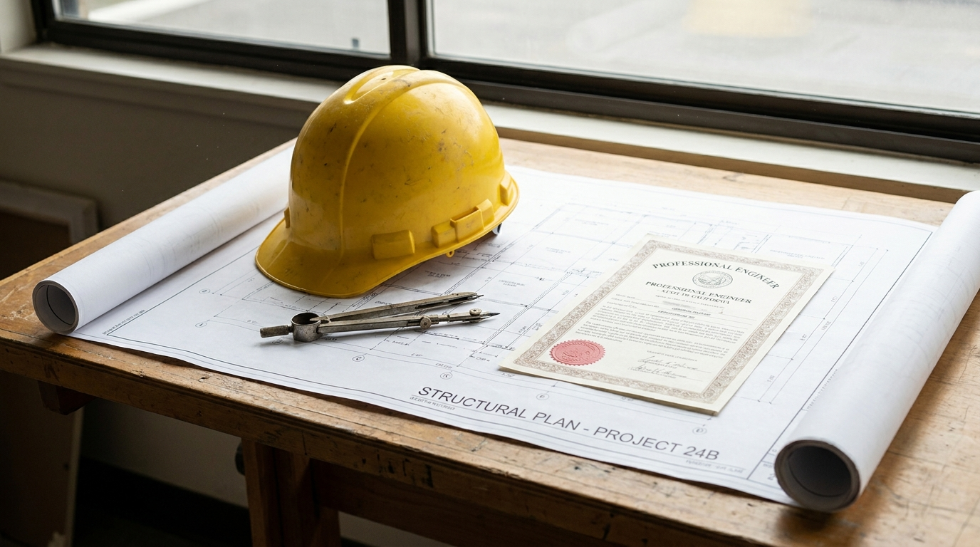 A hard hat, a technical compass, and a stamped engineering certificate resting on an architectural blueprint