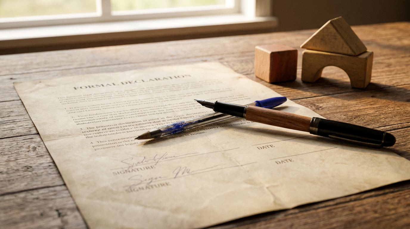 A legal declaration document with two pens and a small wooden toy block set beside it on a desk