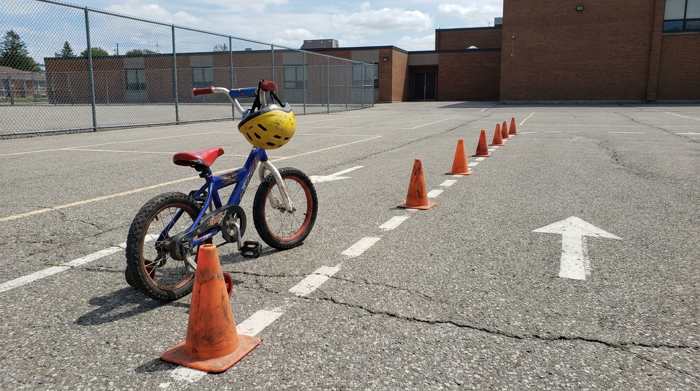 A children's bicycle with a helmet resting on the handlebars, parked beside orange traffic cones in a school playground practice course