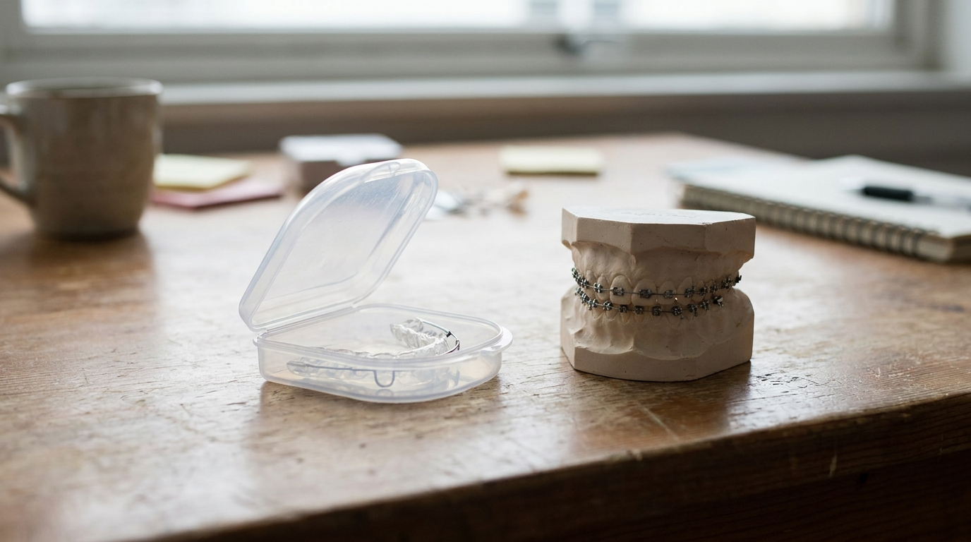 A clear dental retainer case and an orthodontic model of teeth with braces resting on a clean desk
