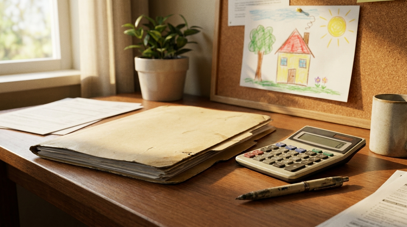A tax return folder with a calculator on a home desk, a child's drawing in the background