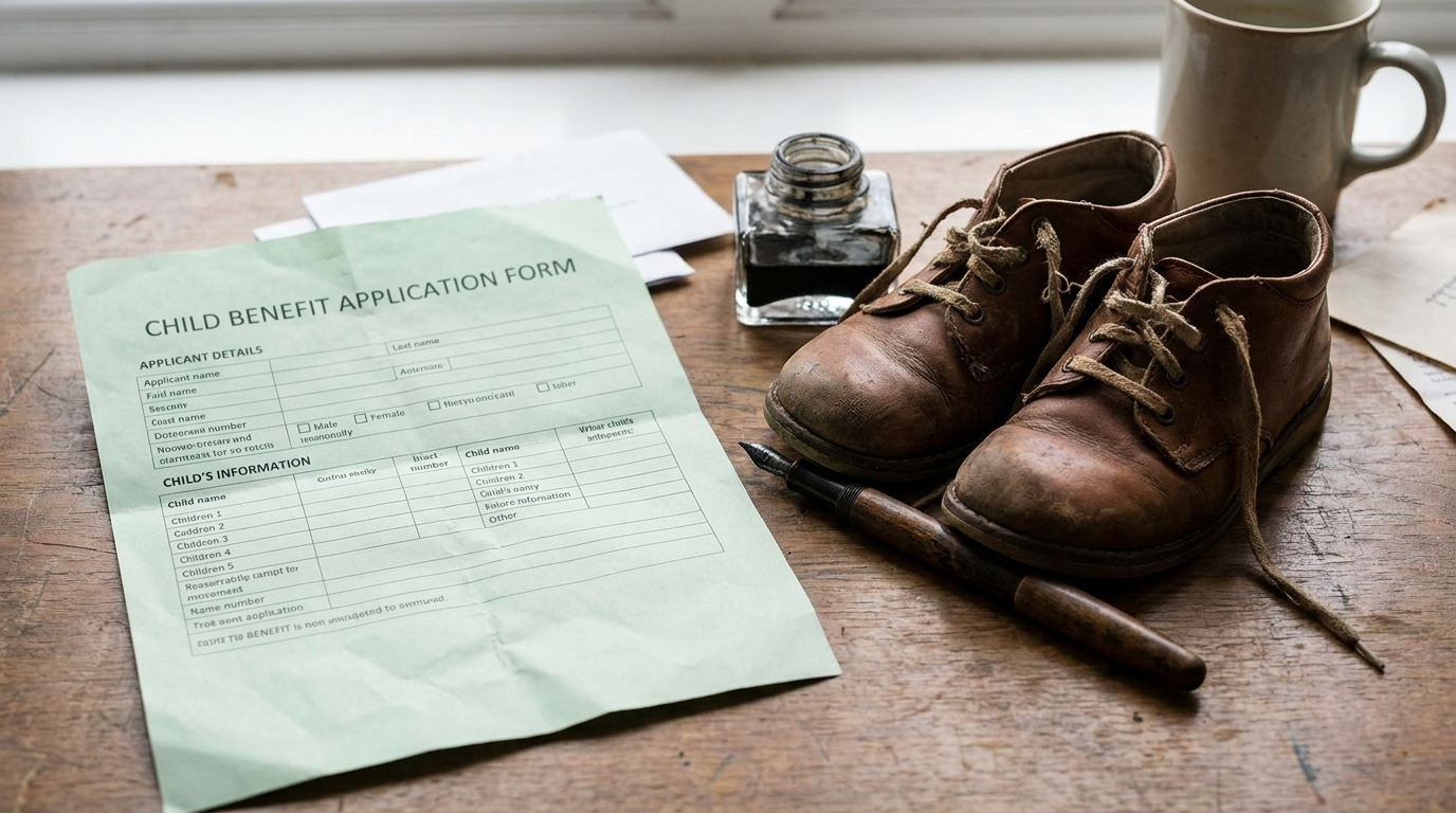 An official-looking child-benefit application form and a child's small pair of shoes resting on a desk
