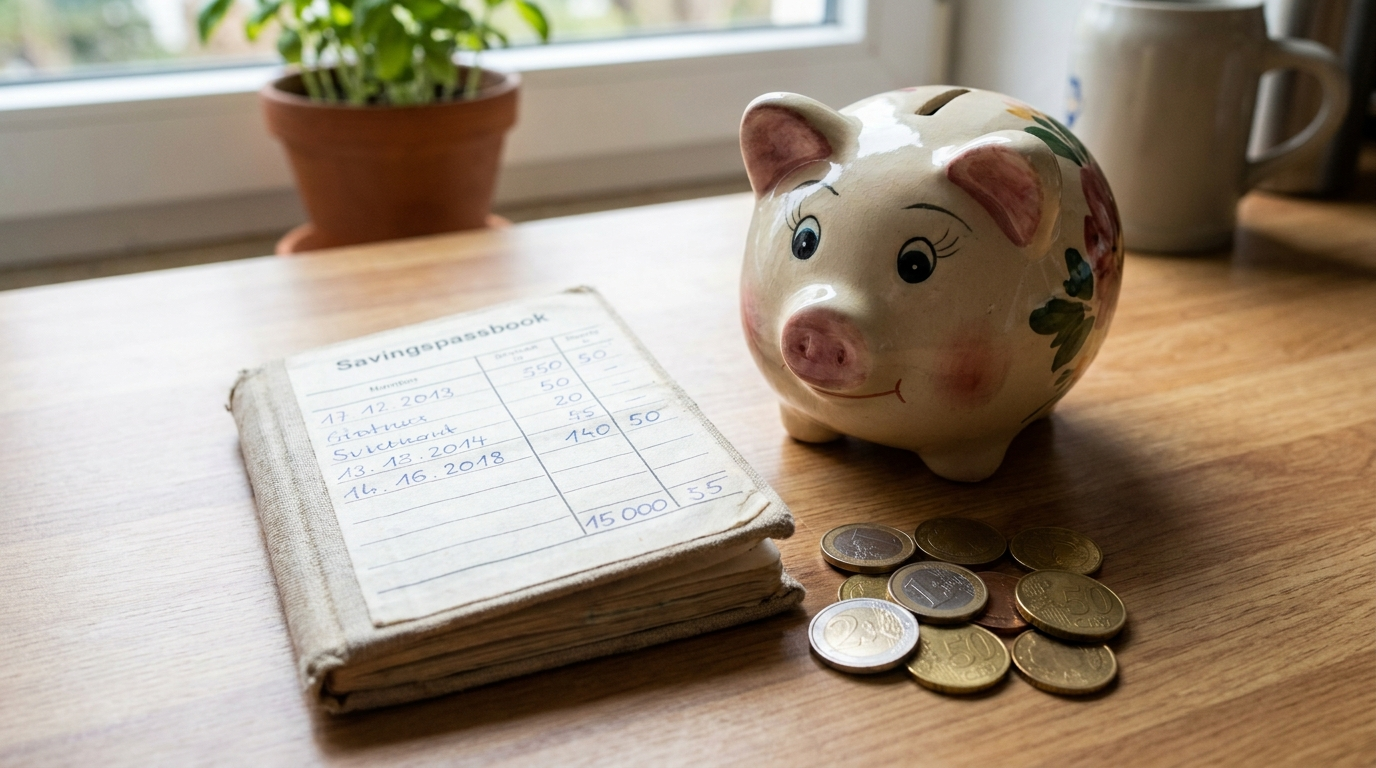 A child's savings passbook and a ceramic piggy bank resting on a kitchen table beside euro coins