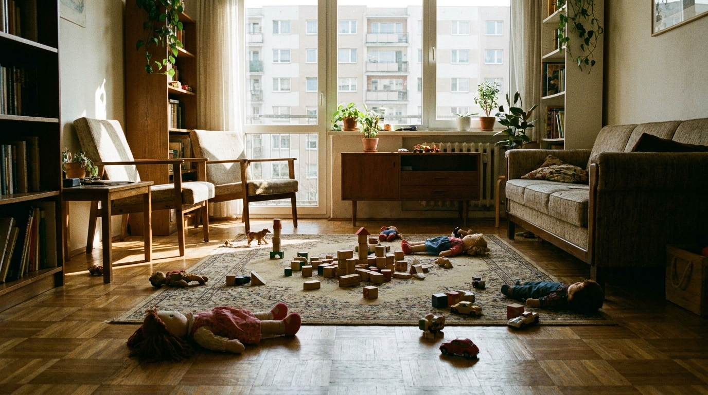Scattered children's toys and wooden building blocks on a living-room floor with daylight through a window