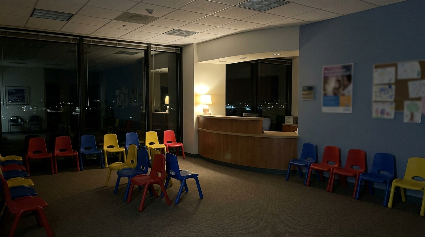 An empty children's hospital waiting area with small chairs and a low reception counter, seen at night with warm lighting