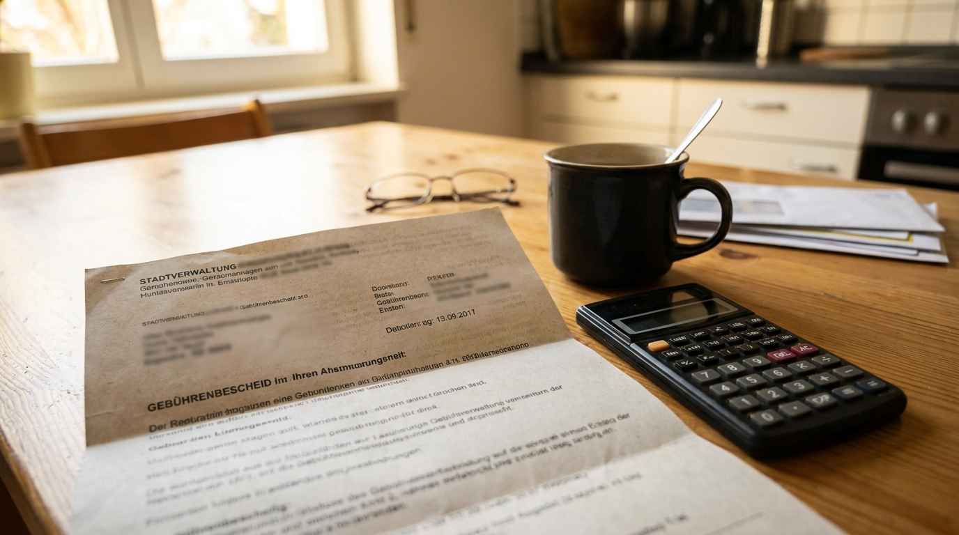 A rent and childcare fee statement next to a calculator and a coffee cup on a kitchen table