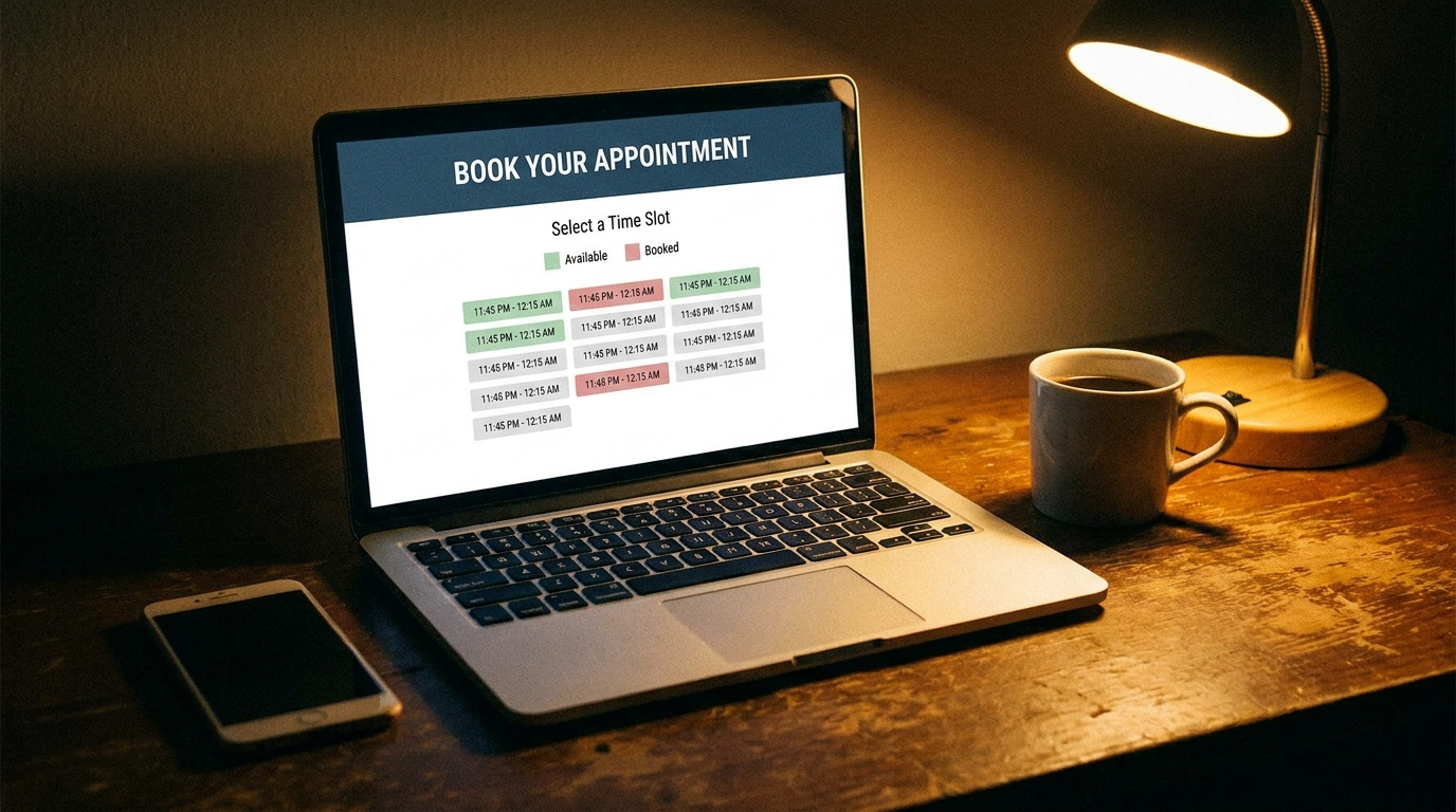 A laptop screen showing an online appointment booking calendar late at night, with a phone and a cup of coffee beside it