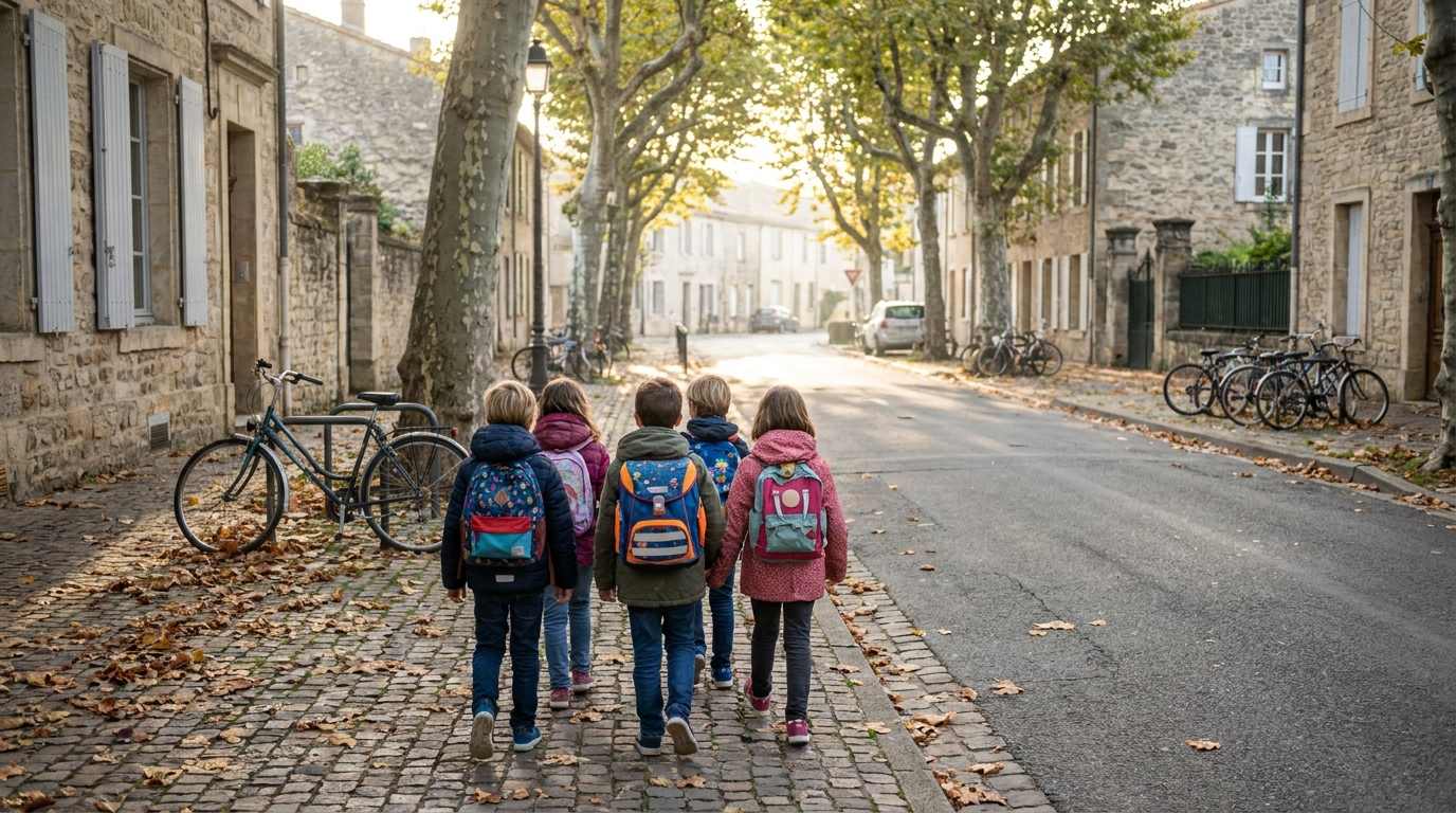 A small group of children with backpacks walking together along a tree-lined sidewalk in the morning, seen from behind so no faces are visible