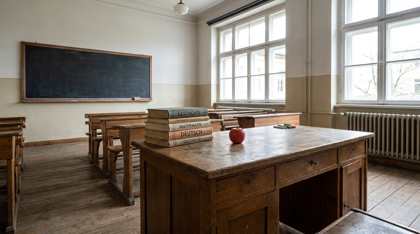 An empty classroom with a stack of textbooks, a chalkboard, and an apple on the teacher's desk