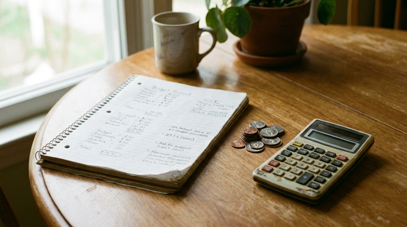 A household budget scene on a kitchen table, a small notebook with handwriting, coins stacked, and a calculator