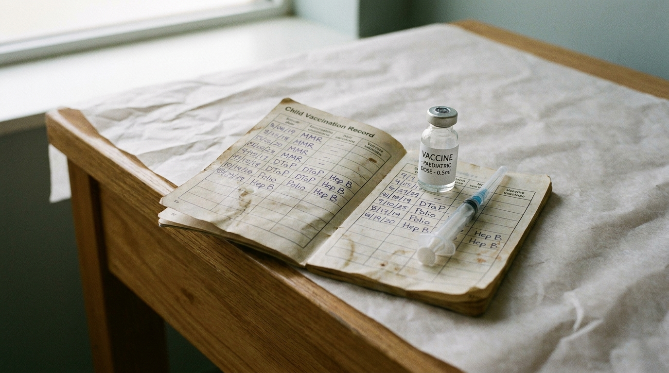 A child vaccination record booklet lying open beside a small medical vial and syringe on an exam table