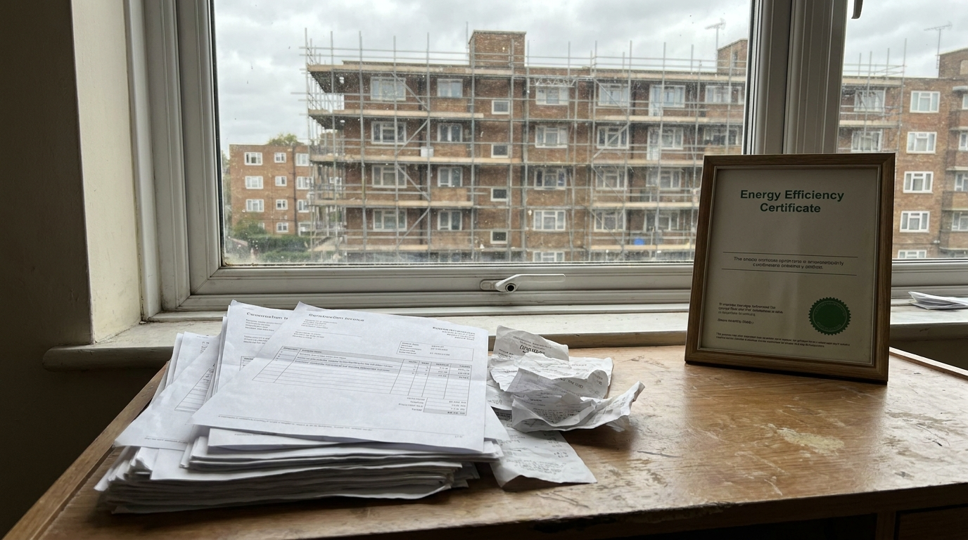 A stack of construction invoices and an energy-efficiency certificate on a desk, with scaffolding visible on an apartment building through the window