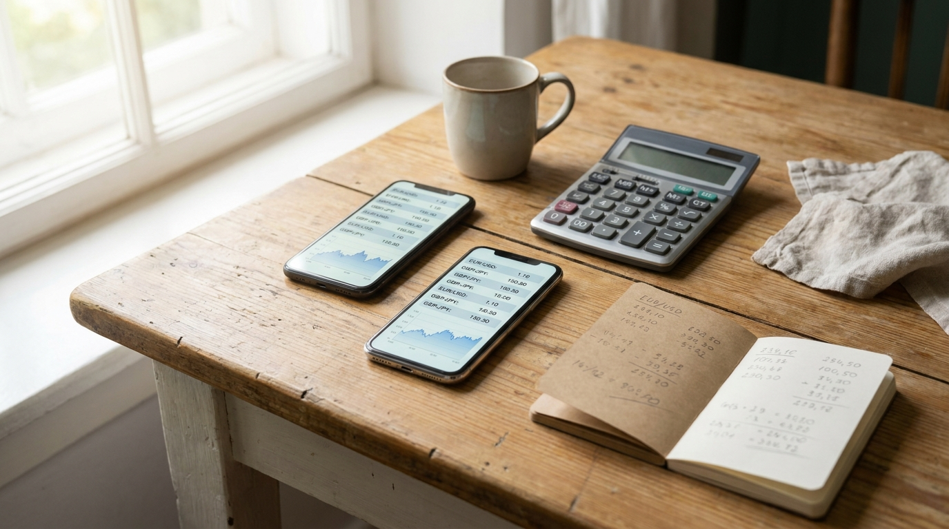 Two smartphones on a kitchen table showing a currency exchange rate screen, next to a calculator and a small notebook with numbers written down