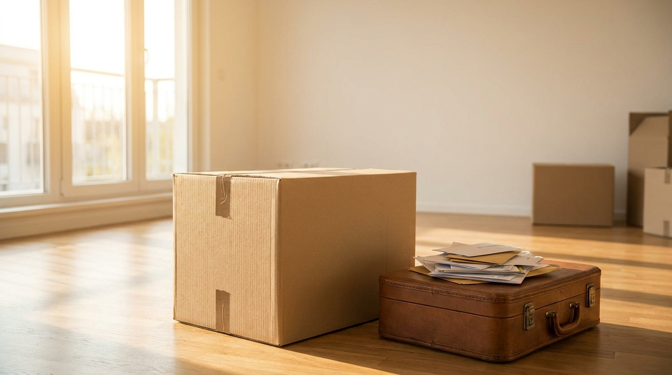 A moving box on the floor next to a stack of paperwork on a suitcase