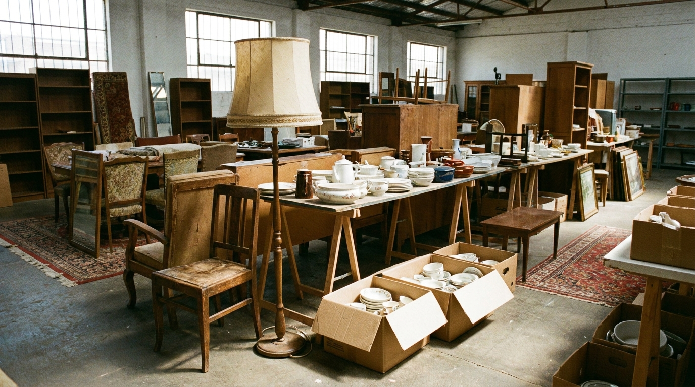 Secondhand furniture and household items arranged for sale inside a warehouse-style shop
