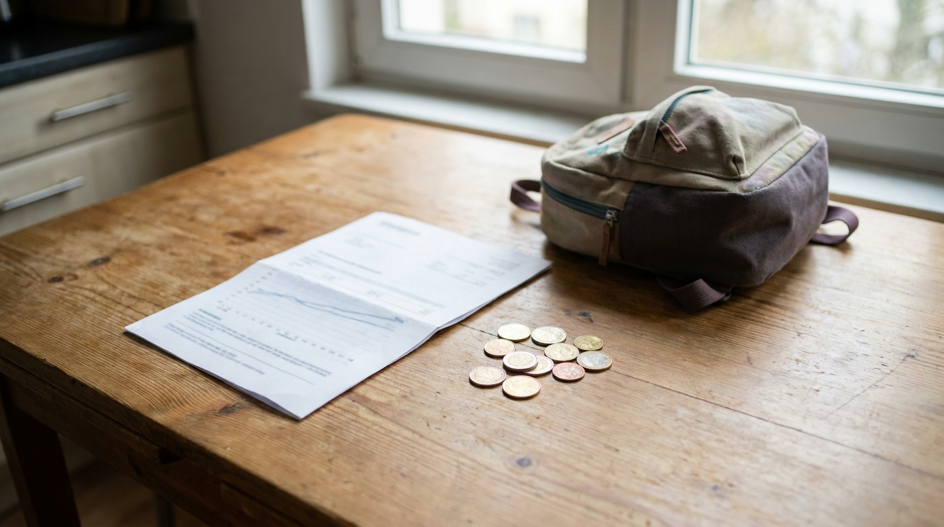 A monthly invoice and coins on a kitchen table next to a child's small backpack