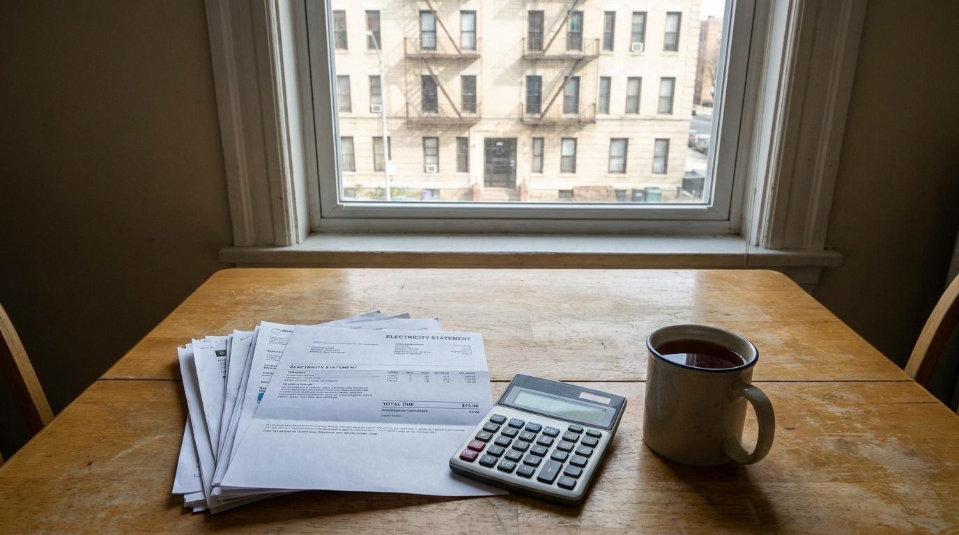 A kitchen table with a heating bill, a calculator, and a mug of tea, with a residential apartment building visible through the window
