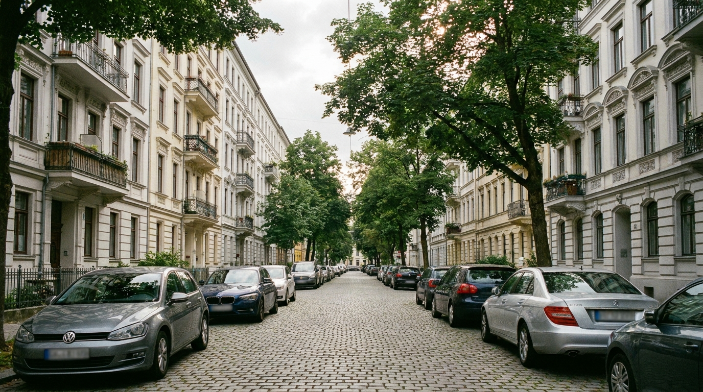 A residential Munich street with parked cars lining both sides beneath a row of apartment buildings