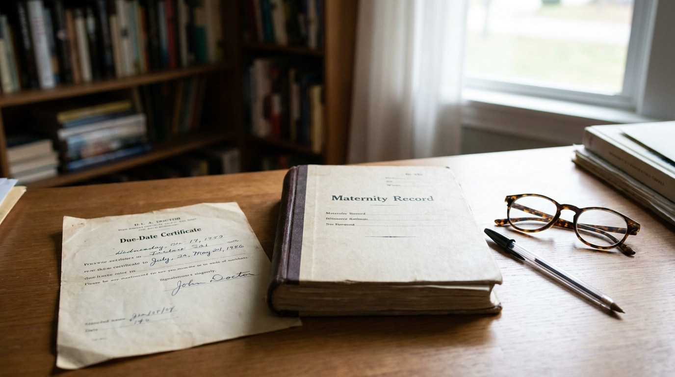 A doctor's due-date certificate and a maternity record booklet resting on a desk next to reading glasses