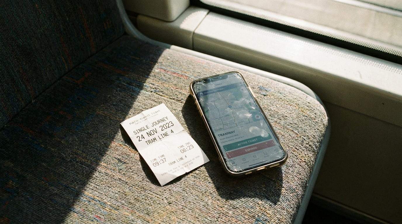 Boş bir tramvay koltuğunda duran kağıt bir toplu taşıma bileti ve solmuş bir ulaşım uygulaması ekranı olan akıllı telefon