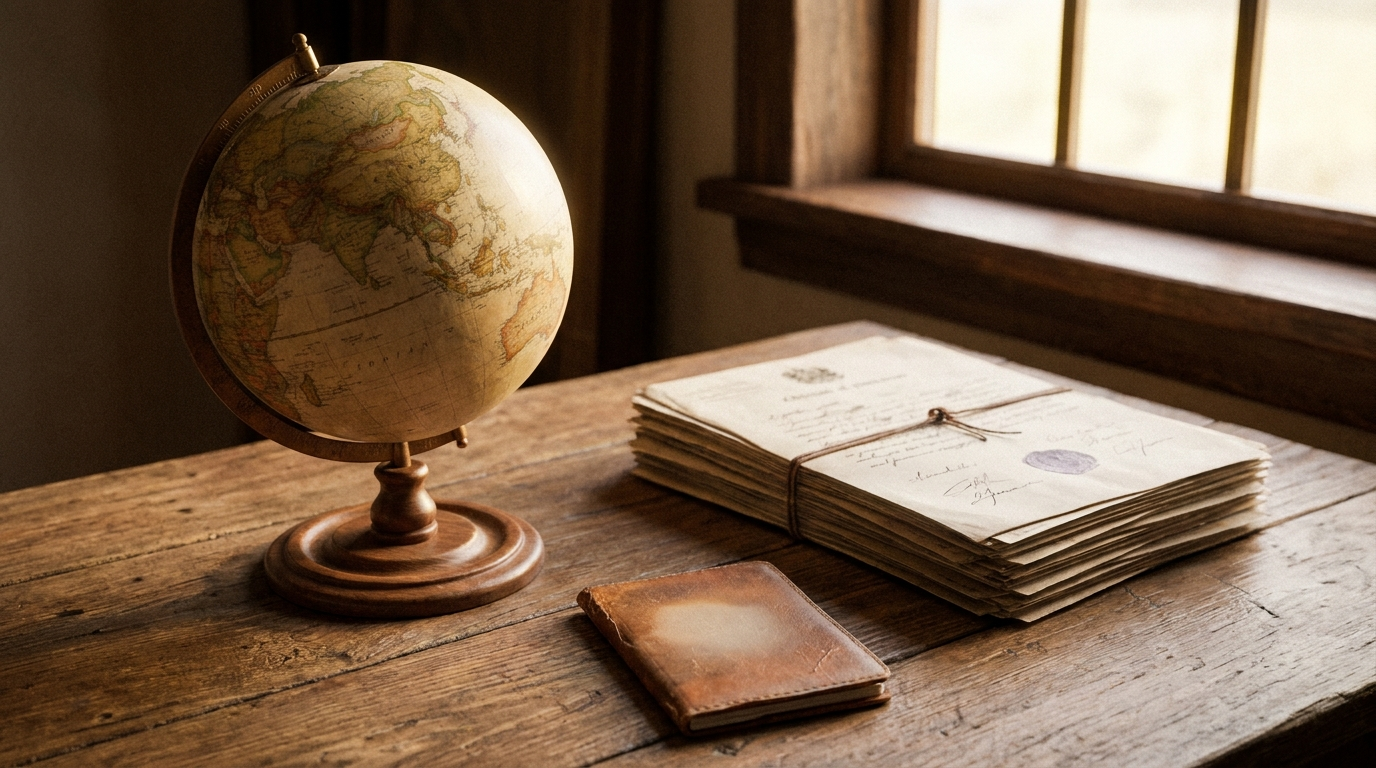 A world globe on a desk next to a stack of official documents and a passport