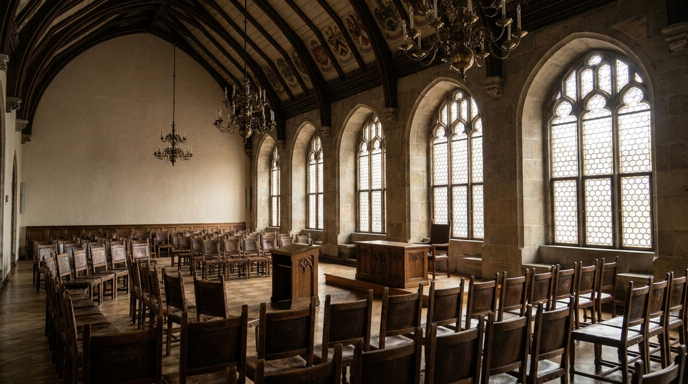 An ornate historic German town hall ceremonial hall interior, empty rows of wooden chairs facing a small podium