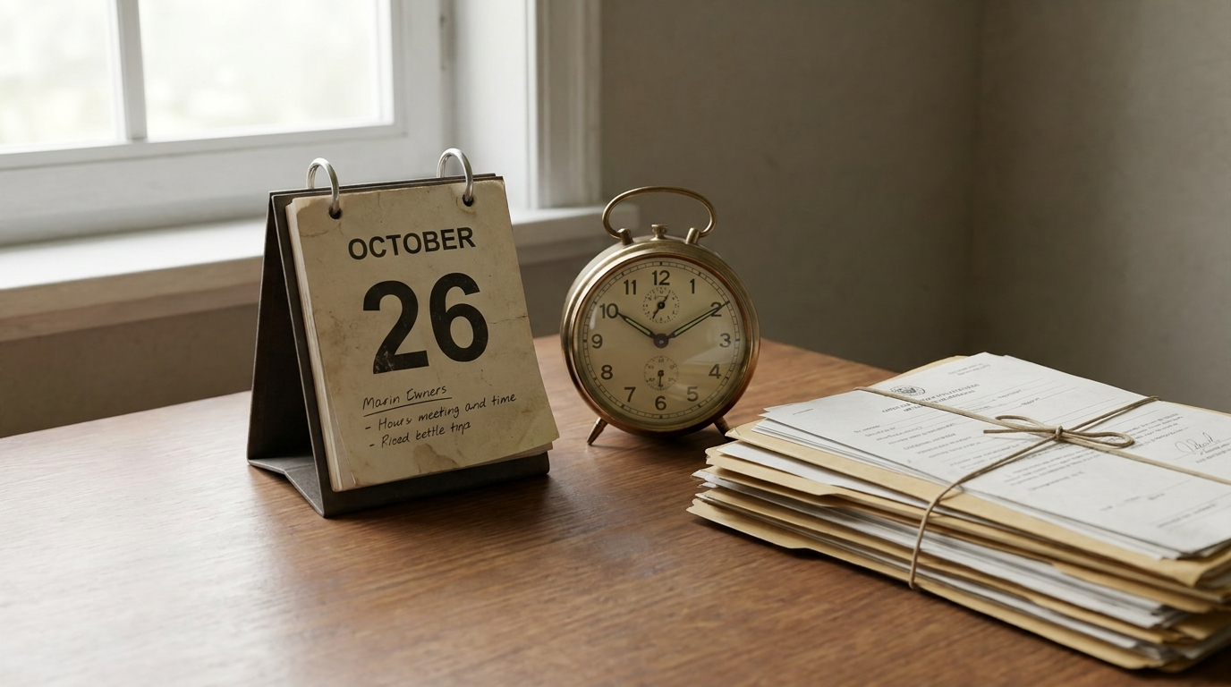 A desk calendar and an analog clock next to a stack of official documents